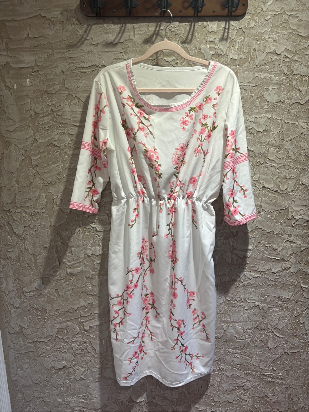 Women's White Floral Embroidered Nightgown with Pink Accents